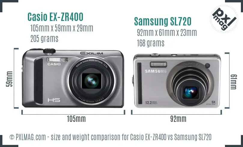 Casio EX-ZR400 vs Samsung SL720 size comparison