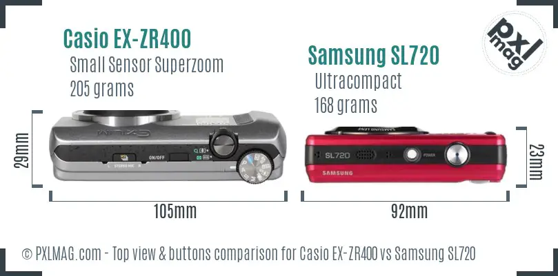 Casio EX-ZR400 vs Samsung SL720 top view buttons comparison