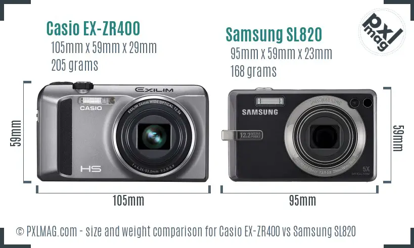 Casio EX-ZR400 vs Samsung SL820 size comparison