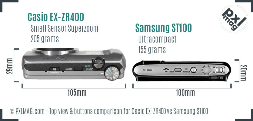 Casio EX-ZR400 vs Samsung ST100 top view buttons comparison