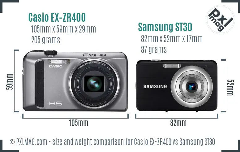 Casio EX-ZR400 vs Samsung ST30 size comparison