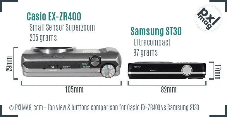 Casio EX-ZR400 vs Samsung ST30 top view buttons comparison