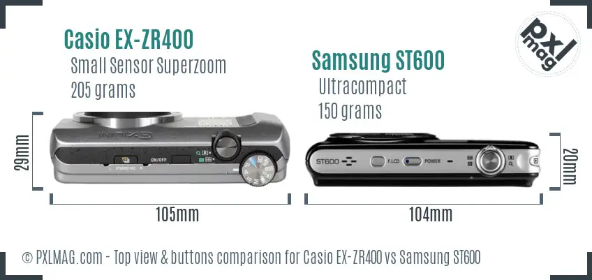 Casio EX-ZR400 vs Samsung ST600 top view buttons comparison