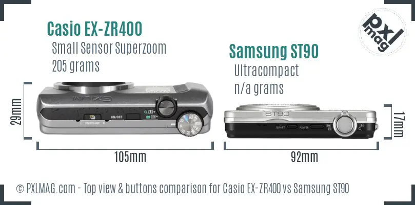 Casio EX-ZR400 vs Samsung ST90 top view buttons comparison