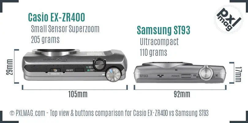 Casio EX-ZR400 vs Samsung ST93 top view buttons comparison Casio EX-ZR400 vs Samsung ST93 top view buttons comparison