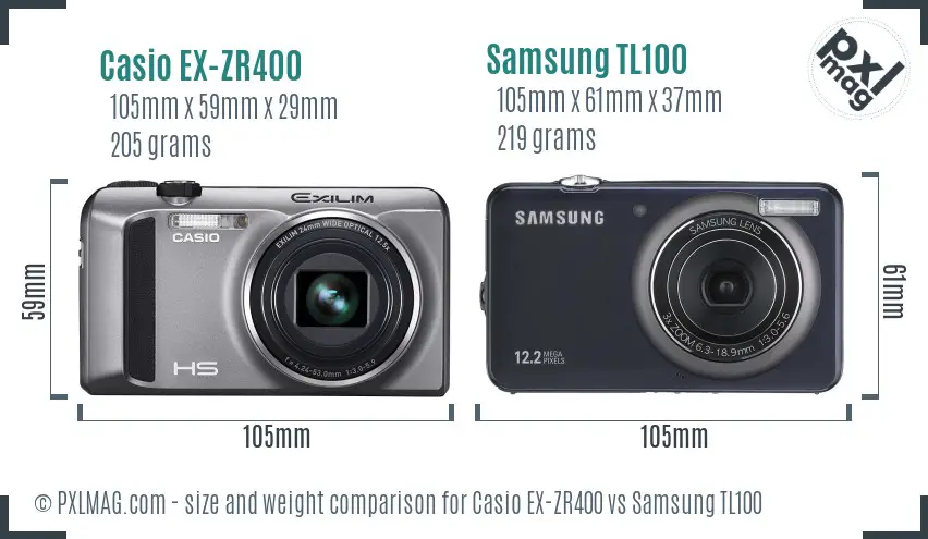Casio EX-ZR400 vs Samsung TL100 size comparison