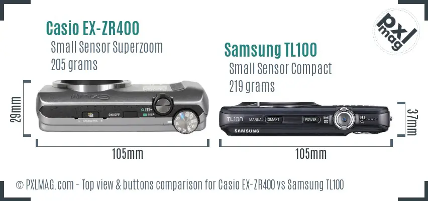 Casio EX-ZR400 vs Samsung TL100 top view buttons comparison