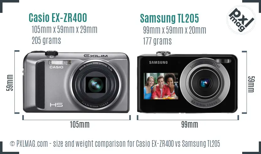 Casio EX-ZR400 vs Samsung TL205 size comparison