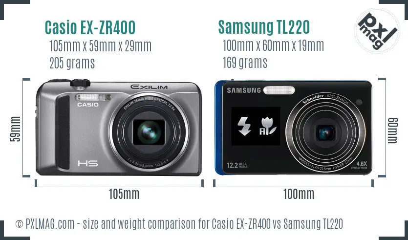 Casio EX-ZR400 vs Samsung TL220 size comparison