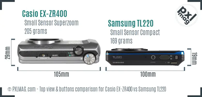 Casio EX-ZR400 vs Samsung TL220 top view buttons comparison