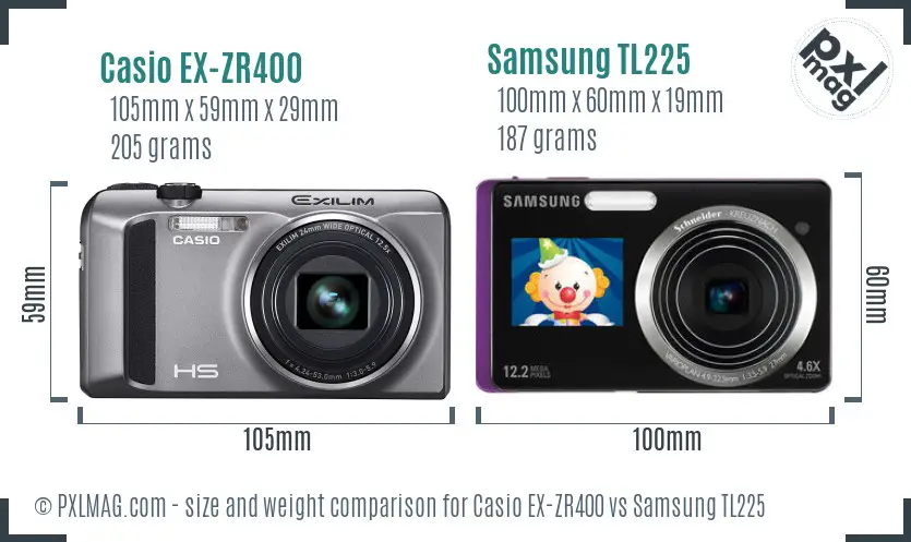 Casio EX-ZR400 vs Samsung TL225 size comparison