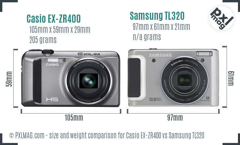 Casio EX-ZR400 vs Samsung TL320 size comparison