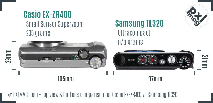 Casio EX-ZR400 vs Samsung TL320 top view buttons comparison