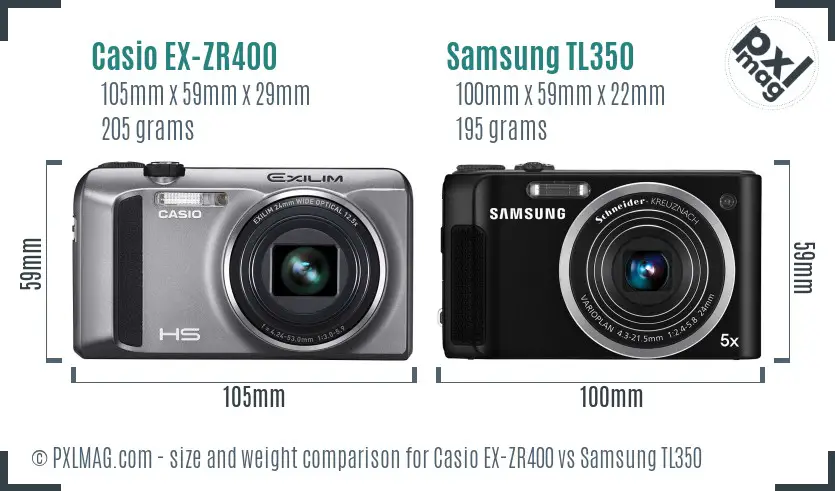 Casio EX-ZR400 vs Samsung TL350 size comparison