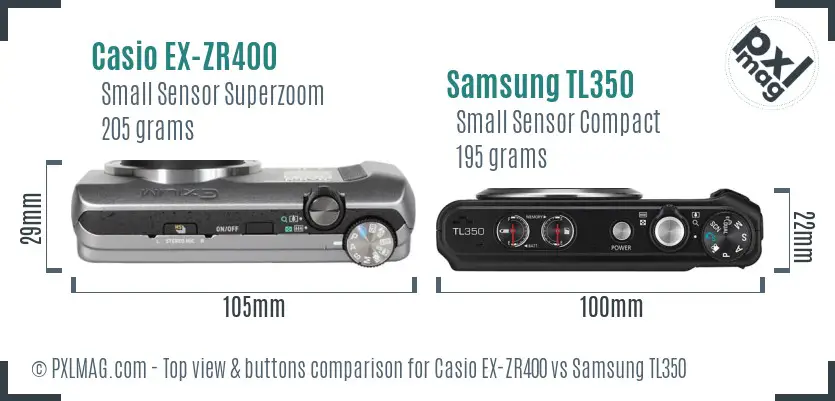 Casio EX-ZR400 vs Samsung TL350 top view buttons comparison