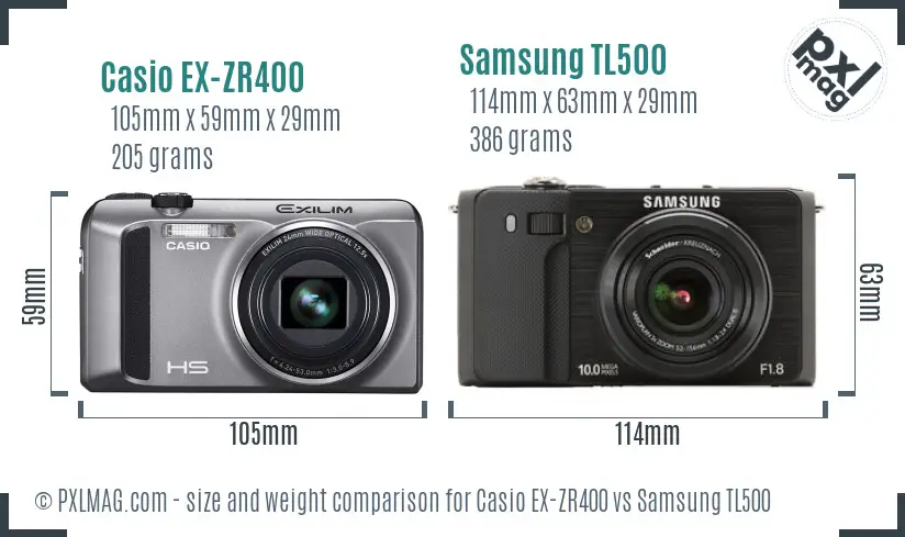 Casio EX-ZR400 vs Samsung TL500 size comparison