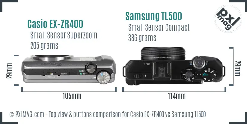Casio EX-ZR400 vs Samsung TL500 top view buttons comparison