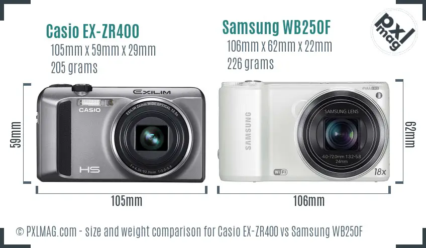 Casio EX-ZR400 vs Samsung WB250F size comparison