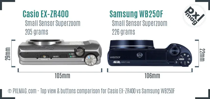 Casio EX-ZR400 vs Samsung WB250F top view buttons comparison