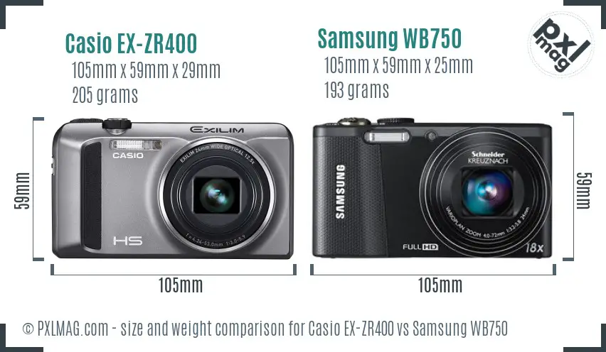 Casio EX-ZR400 vs Samsung WB750 size comparison