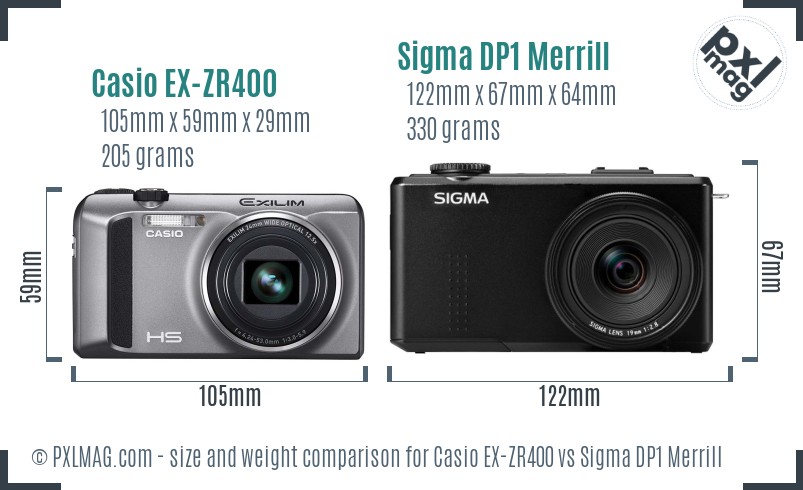 Casio EX-ZR400 vs Sigma DP1 Merrill size comparison