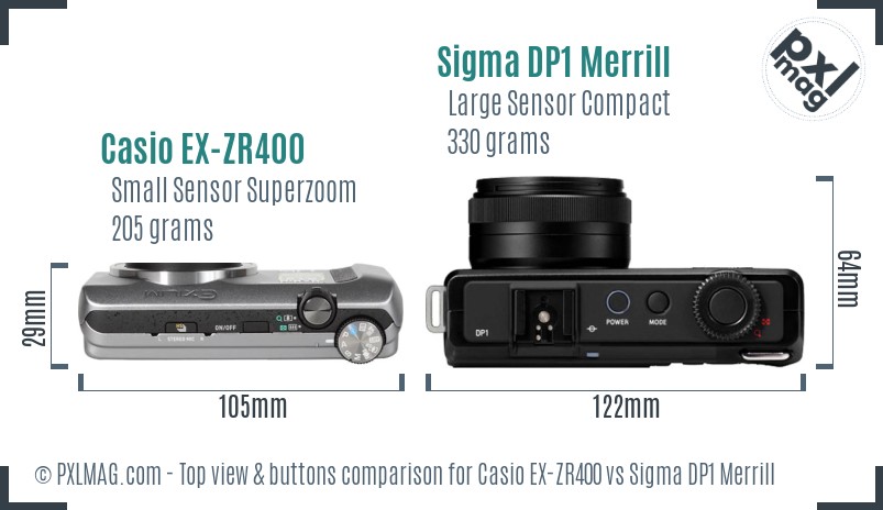 Casio EX-ZR400 vs Sigma DP1 Merrill top view buttons comparison