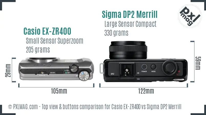 Casio EX-ZR400 vs Sigma DP2 Merrill top view buttons comparison Casio EX-ZR400 vs Sigma DP2 Merrill top view buttons comparison