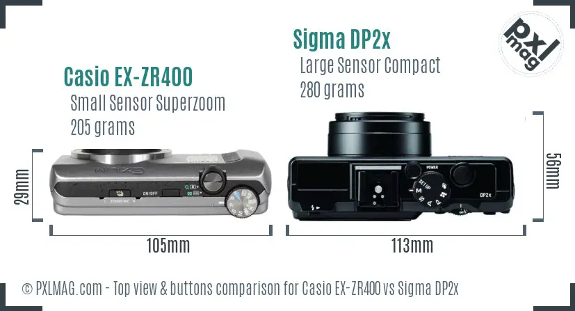 Casio EX-ZR400 vs Sigma DP2x top view buttons comparison Casio EX-ZR400 vs Sigma DP2x top view buttons comparison
