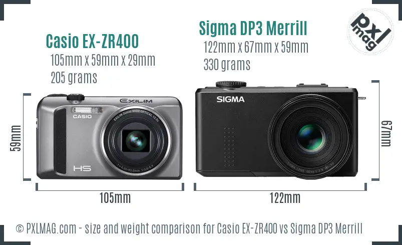 Casio EX-ZR400 vs Sigma DP3 Merrill size comparison