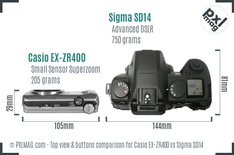 Casio EX-ZR400 vs Sigma SD14 top view buttons comparison