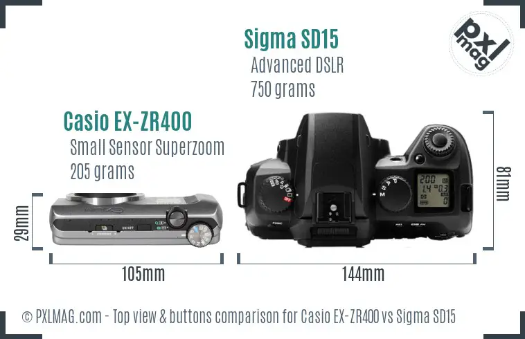 Casio EX-ZR400 vs Sigma SD15 top view buttons comparison