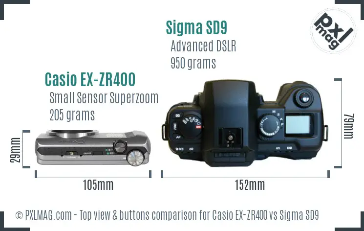 Casio EX-ZR400 vs Sigma SD9 top view buttons comparison Casio EX-ZR400 vs Sigma SD9 top view buttons comparison