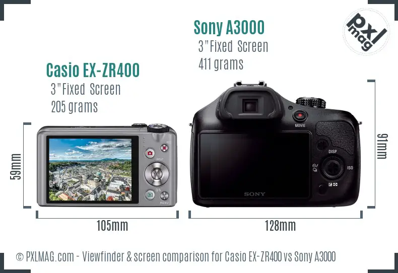 Casio EX-ZR400 vs Sony A3000 Screen and Viewfinder comparison