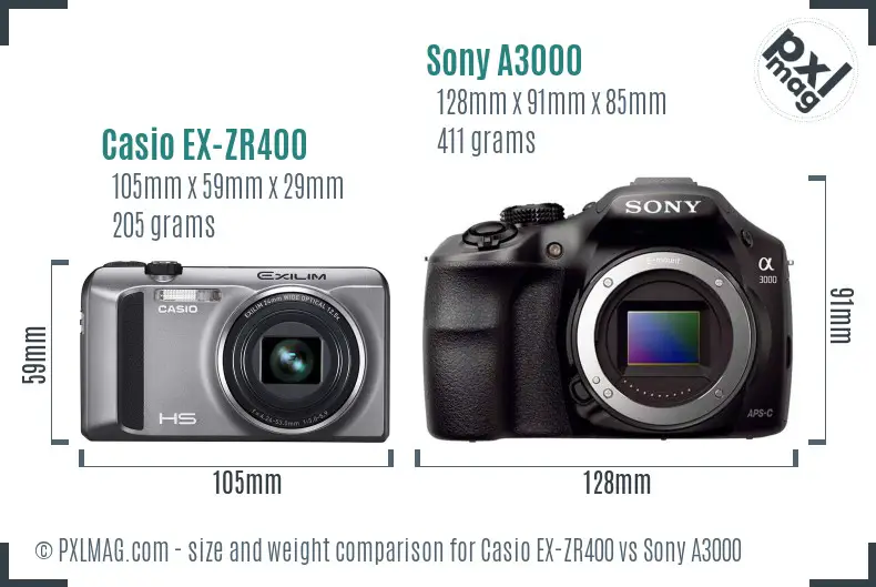 Casio EX-ZR400 vs Sony A3000 size comparison