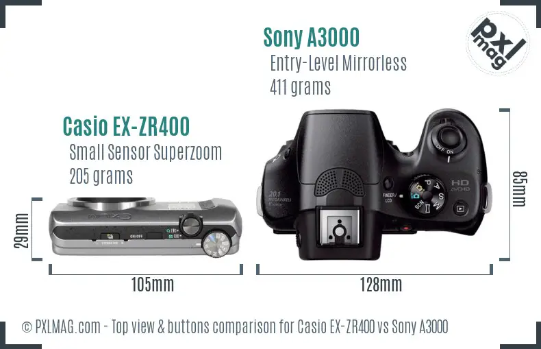Casio EX-ZR400 vs Sony A3000 top view buttons comparison