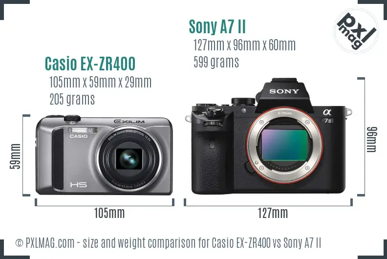 Casio EX-ZR400 vs Sony A7 II size comparison