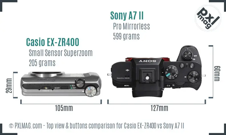 Casio EX-ZR400 vs Sony A7 II top view buttons comparison