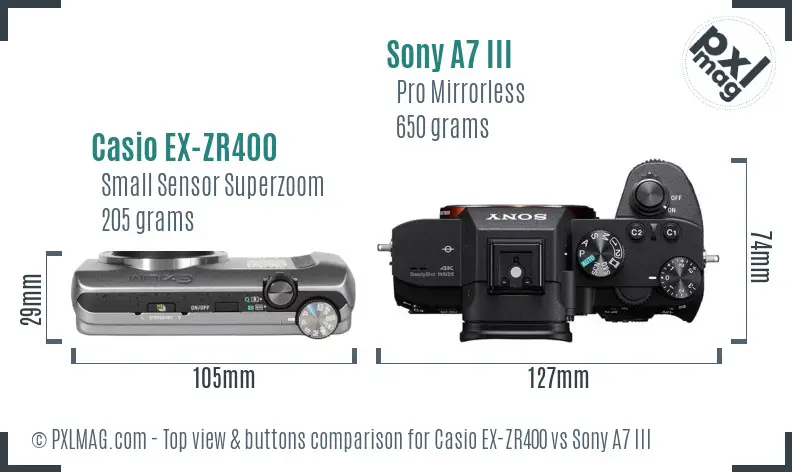Casio EX-ZR400 vs Sony A7 III top view buttons comparison