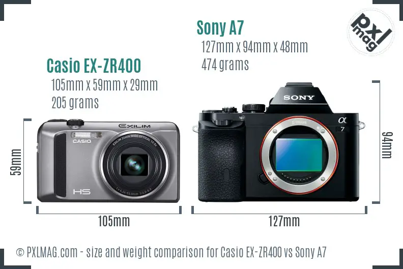 Casio EX-ZR400 vs Sony A7 size comparison