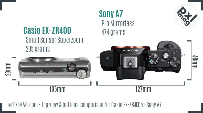 Casio EX-ZR400 vs Sony A7 top view buttons comparison