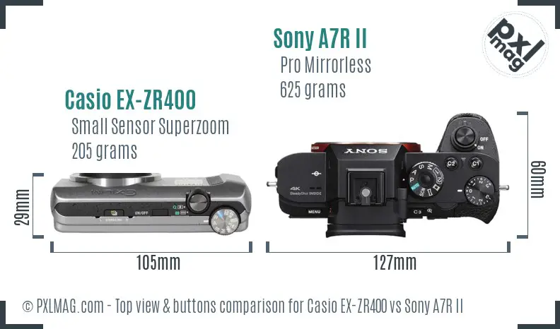 Casio EX-ZR400 vs Sony A7R II top view buttons comparison