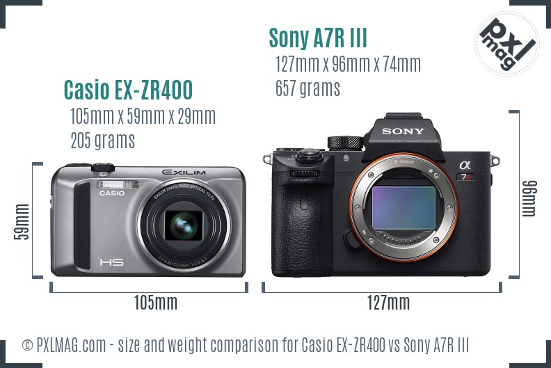 Casio EX-ZR400 vs Sony A7R III size comparison