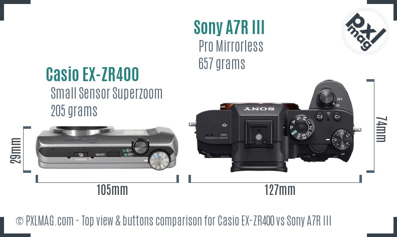Casio EX-ZR400 vs Sony A7R III top view buttons comparison