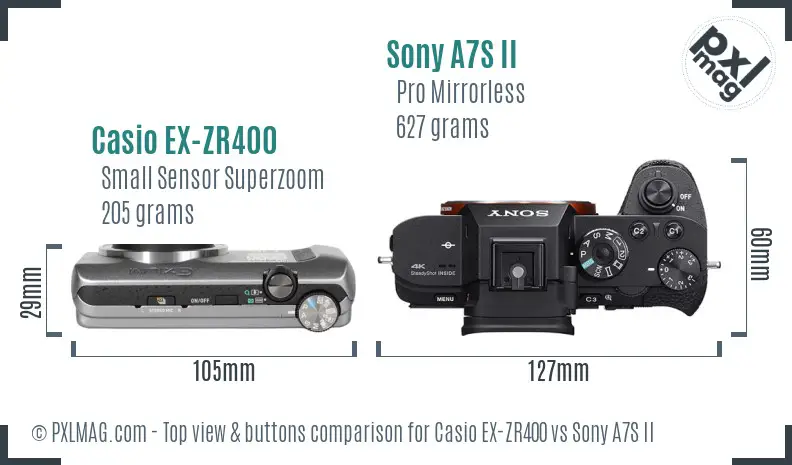 Casio EX-ZR400 vs Sony A7S II top view buttons comparison