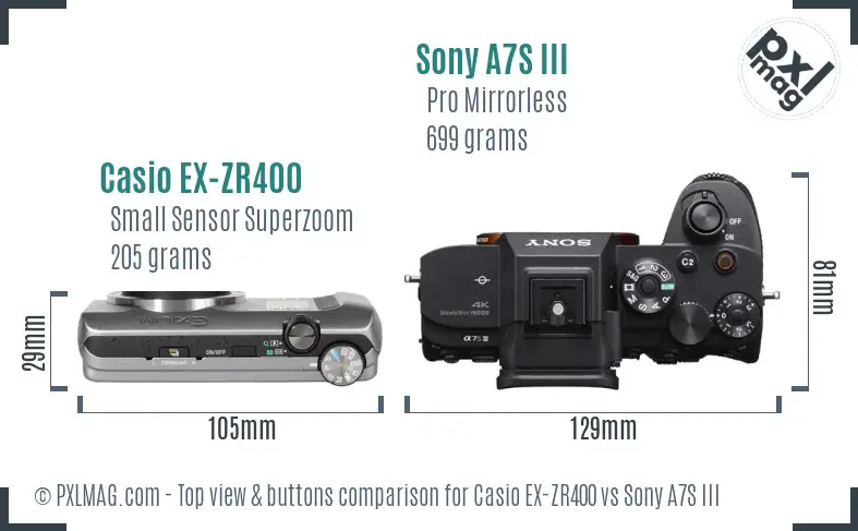 Casio EX-ZR400 vs Sony A7S III top view buttons comparison Casio EX-ZR400 vs Sony A7S III top view buttons comparison