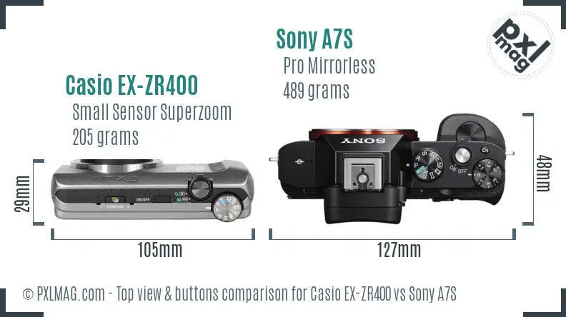 Casio EX-ZR400 vs Sony A7S top view buttons comparison