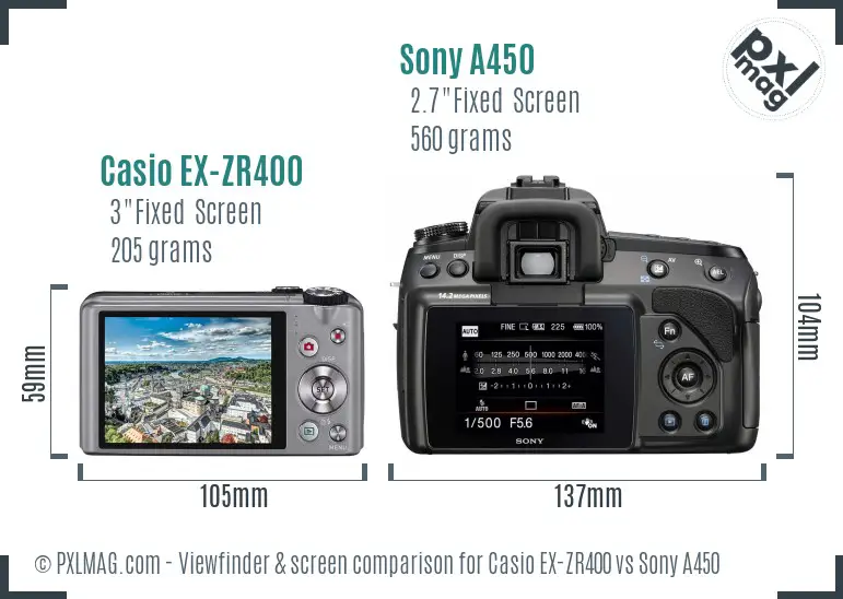 Casio EX-ZR400 vs Sony A450 Screen and Viewfinder comparison