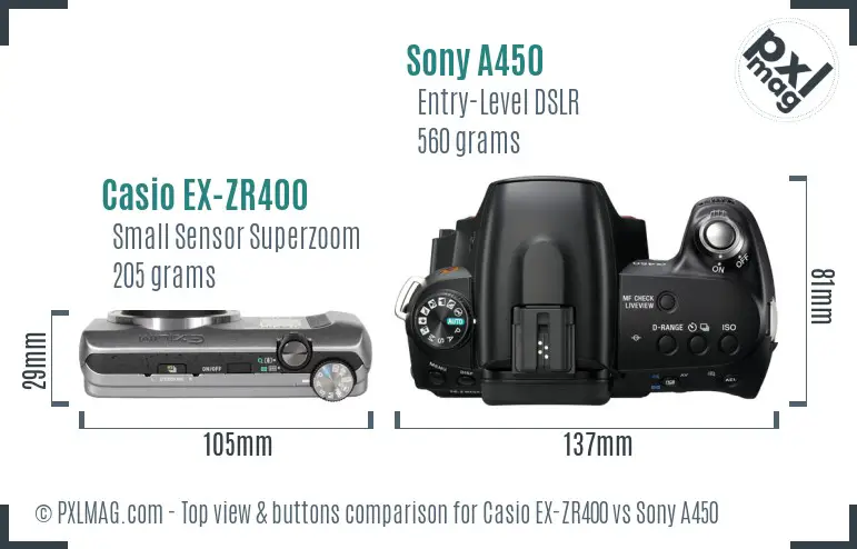 Casio EX-ZR400 vs Sony A450 top view buttons comparison