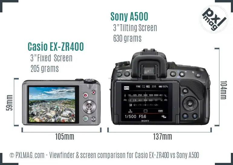 Casio EX-ZR400 vs Sony A500 Screen and Viewfinder comparison