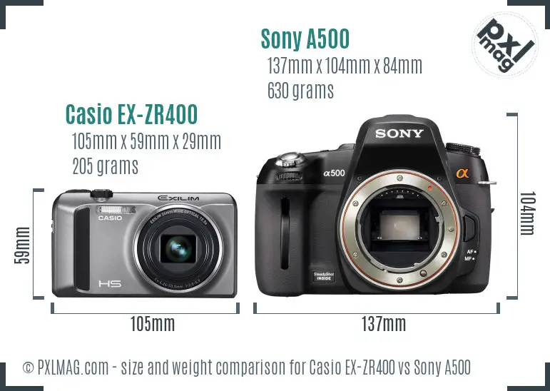 Casio EX-ZR400 vs Sony A500 size comparison